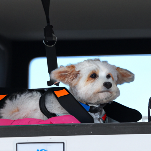 3. כלב יושב בנוחות ברכב עם רתמת בטיחות וארגז נסיעה