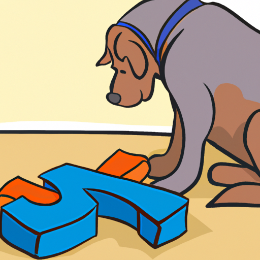 3. איור של כלב גדול המנסה לפתור צעצוע של חידה.